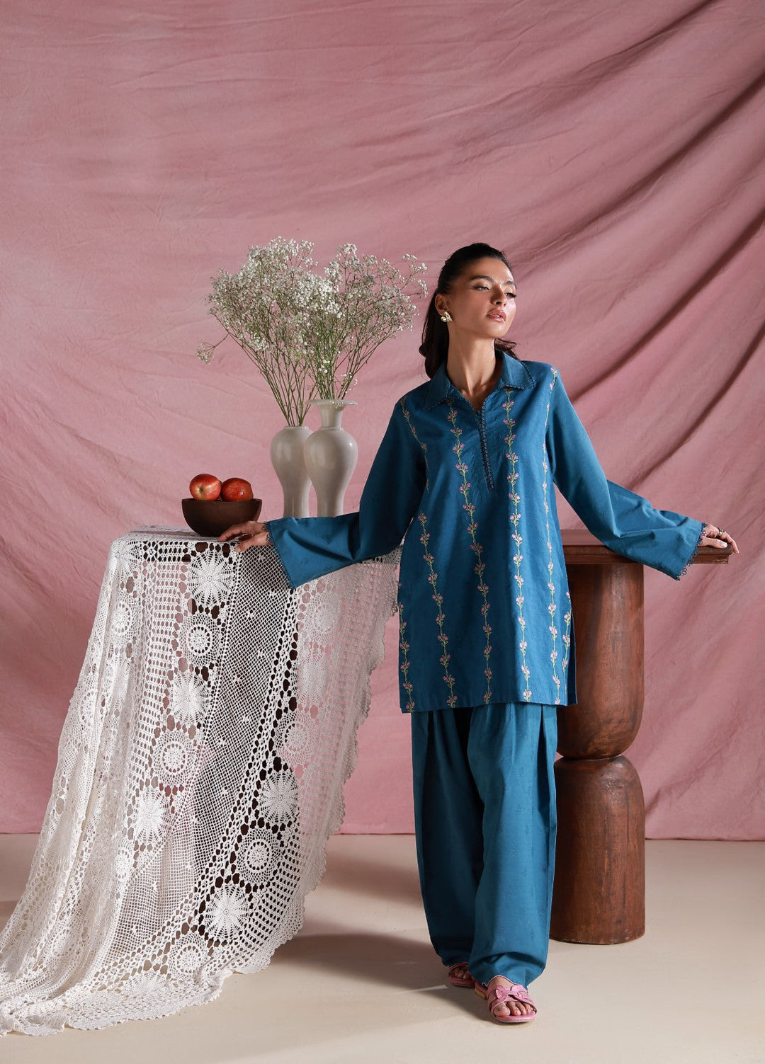 Sahar Women Embroidered Dobby 2 Piece Suit Washed Sky - Casual Collection