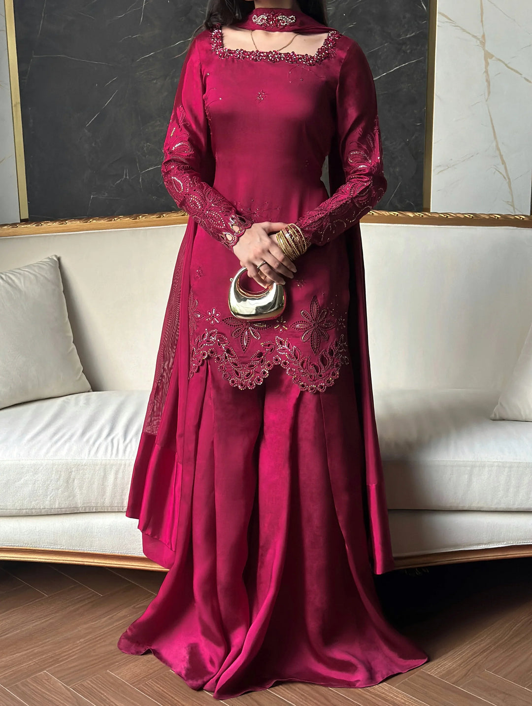 Scherezade Women RTW Embroidered Sheesha Silk 3 Piece Suit BERRY - Festive Collection