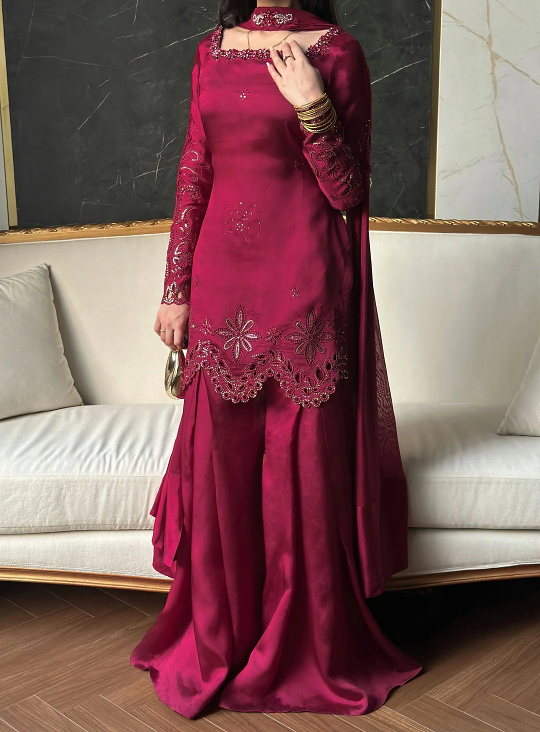 Scherezade Women RTW Embroidered Sheesha Silk 3 Piece Suit BERRY - Festive Collection
