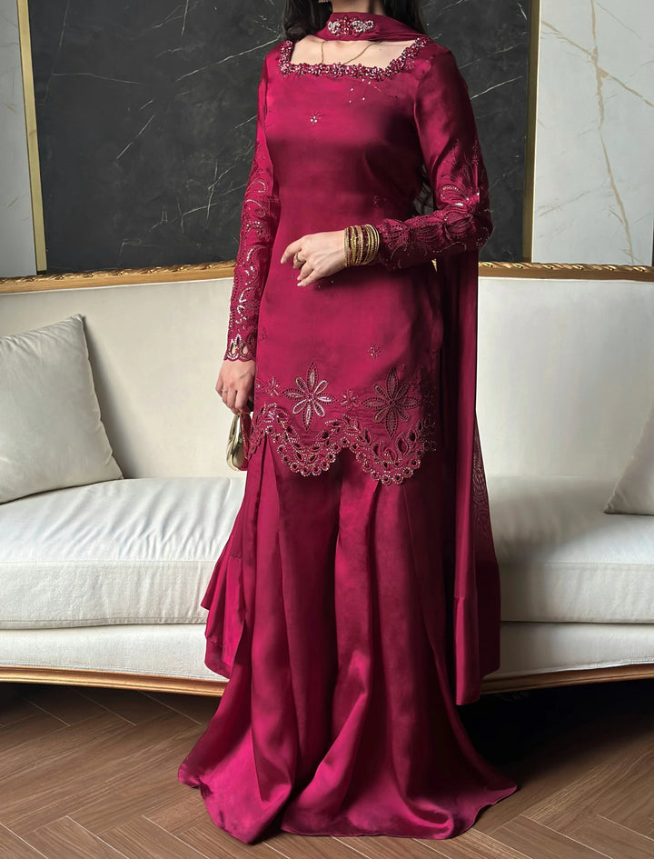 Scherezade Women RTW Embroidered Sheesha Silk 3 Piece Suit BERRY - Festive Collection