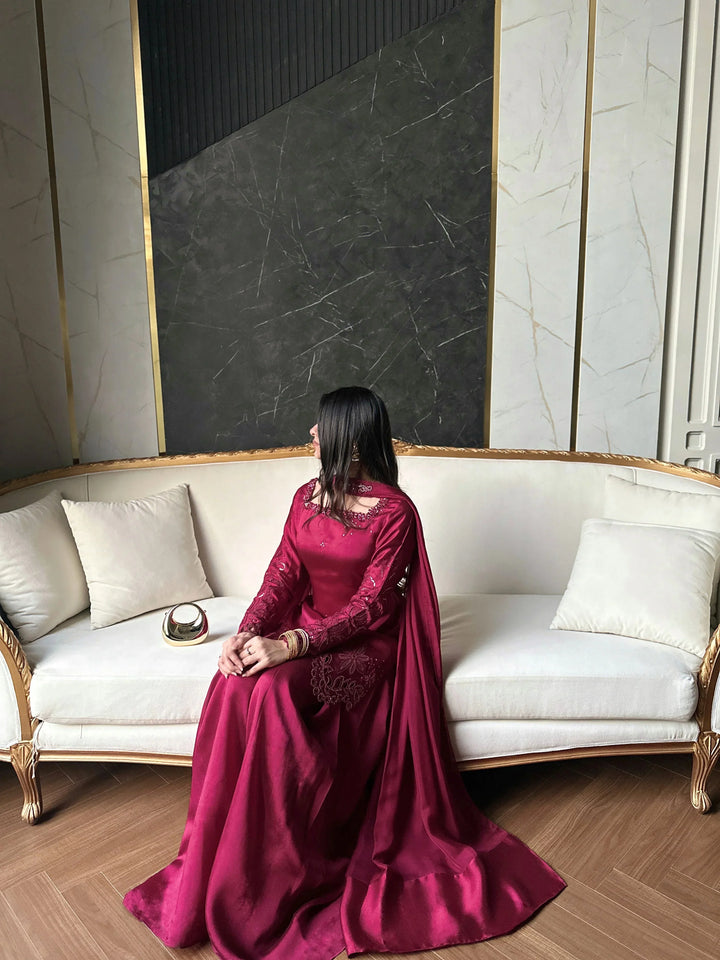 Scherezade Women RTW Embroidered Sheesha Silk 3 Piece Suit BERRY - Festive Collection