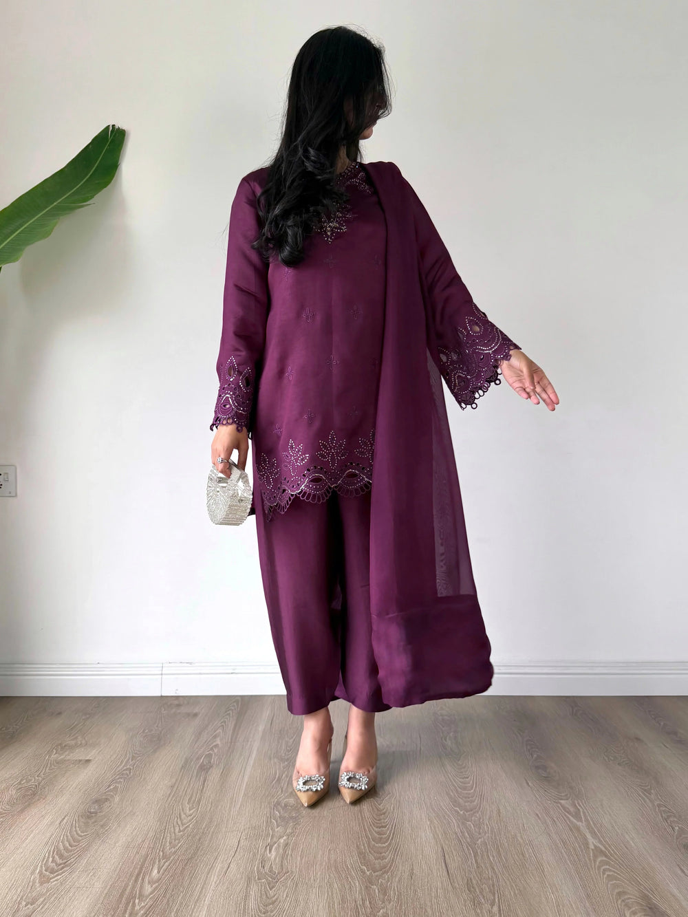 Scherezade Women RTW Embroidered Sheesha Silk 3 Piece Suit CADBERRY - Festive Collection