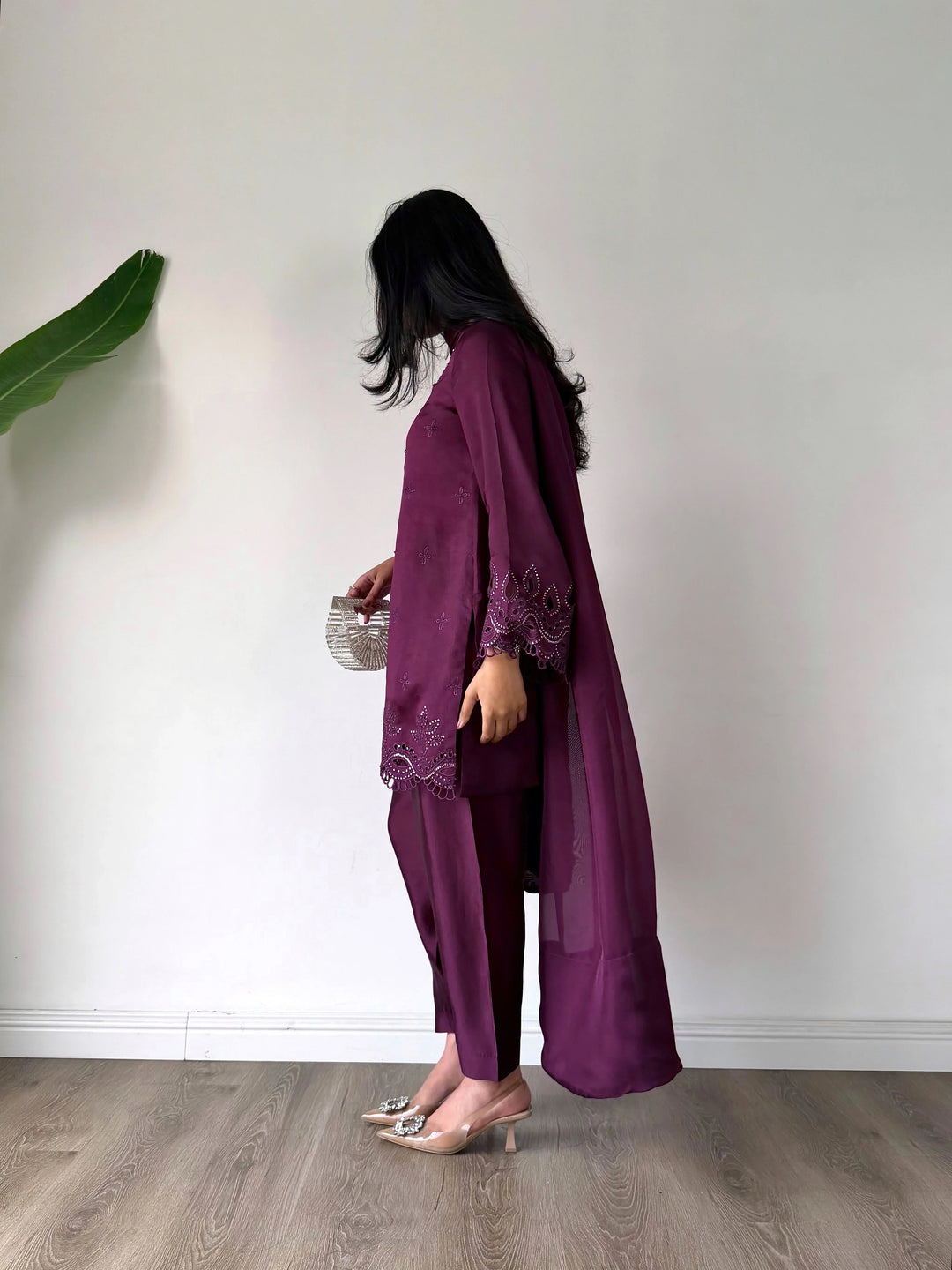 Scherezade Women RTW Embroidered Sheesha Silk 3 Piece Suit CADBERRY - Festive Collection