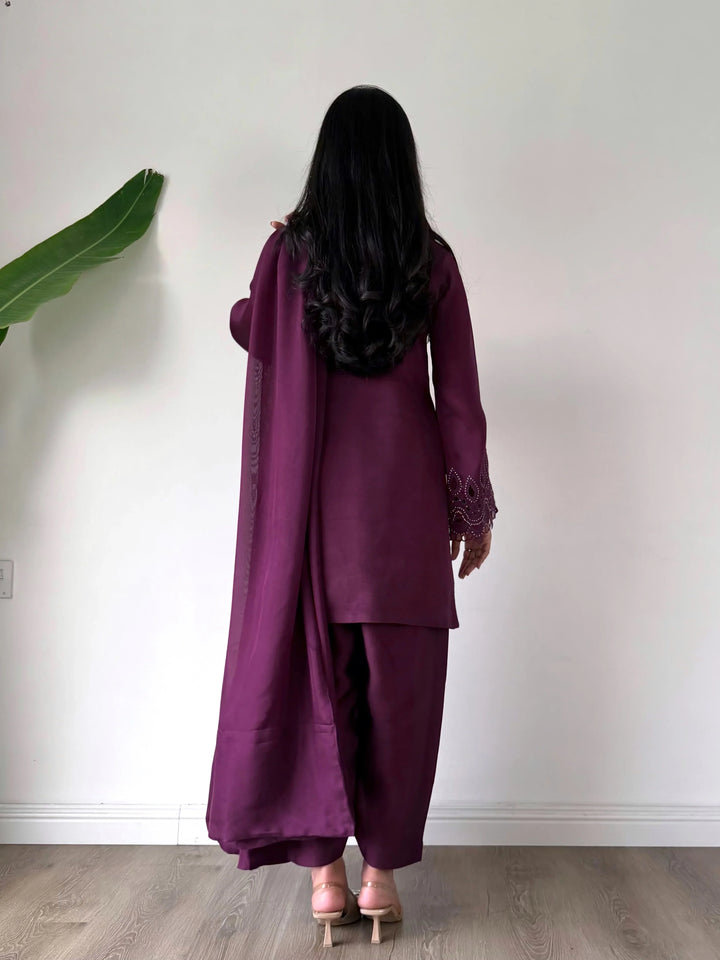 Scherezade Women RTW Embroidered Sheesha Silk 3 Piece Suit CADBERRY - Festive Collection