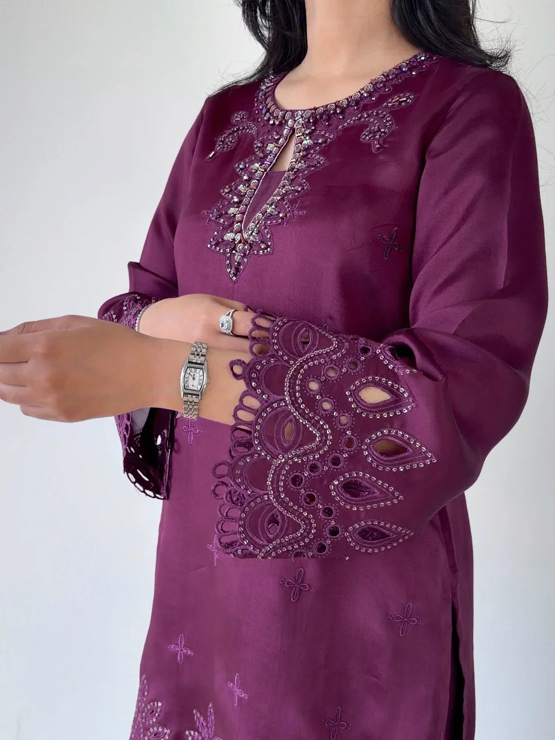 Scherezade Women RTW Embroidered Sheesha Silk 3 Piece Suit CADBERRY - Festive Collection