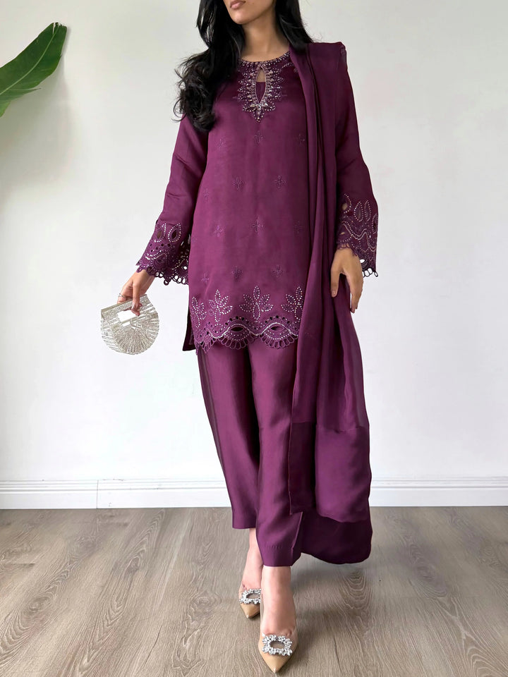 Scherezade Women RTW Embroidered Sheesha Silk 3 Piece Suit CADBERRY - Festive Collection