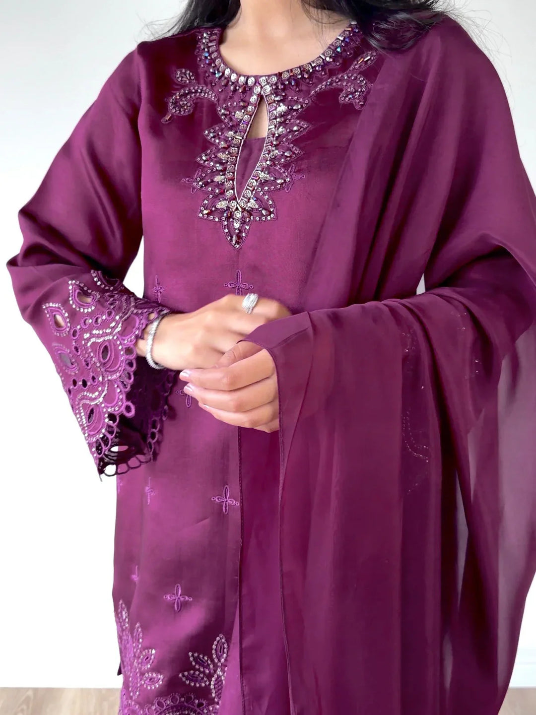 Scherezade Women RTW Embroidered Sheesha Silk 3 Piece Suit CADBERRY - Festive Collection
