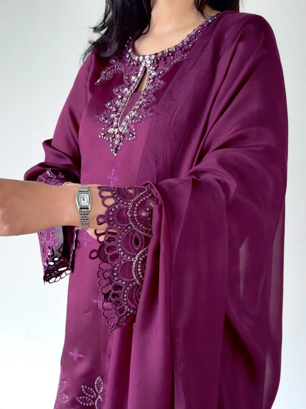 Scherezade Women RTW Embroidered Sheesha Silk 3 Piece Suit CADBERRY - Festive Collection