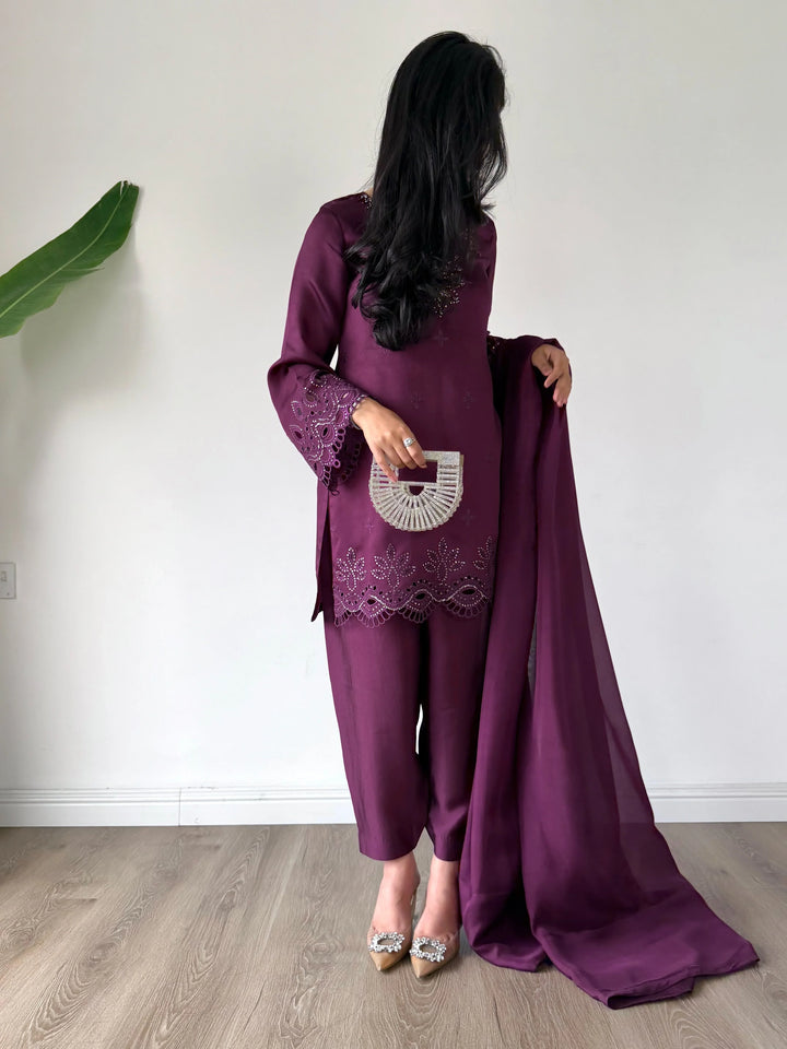Scherezade Women RTW Embroidered Sheesha Silk 3 Piece Suit CADBERRY - Festive Collection