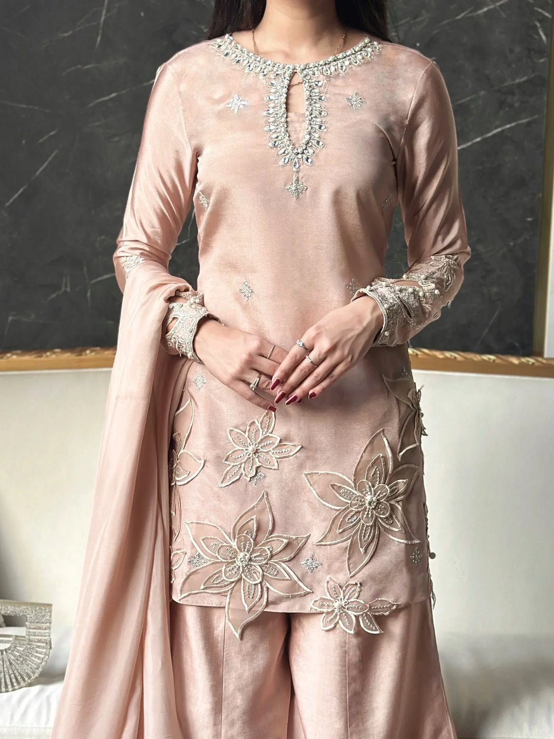 Scherezade Women RTW Embroidered Sheesha Silk 3 Piece Suit VANILLA - Festive Collection