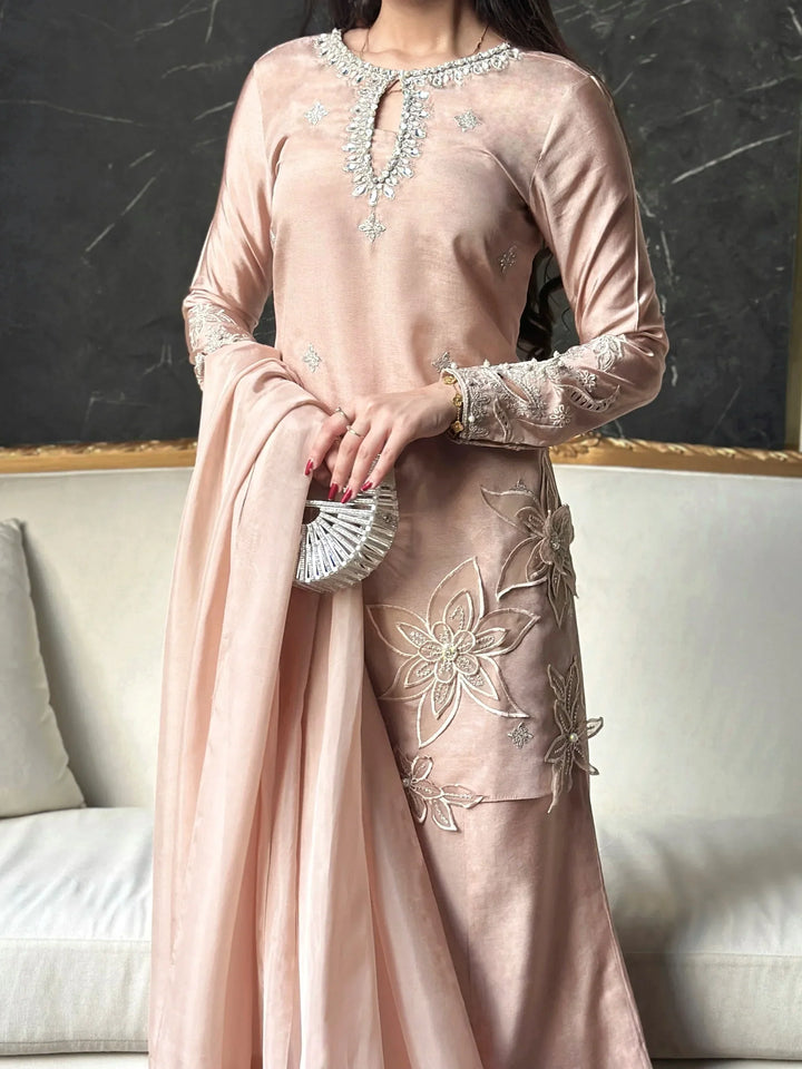 Scherezade Women RTW Embroidered Sheesha Silk 3 Piece Suit VANILLA - Festive Collection