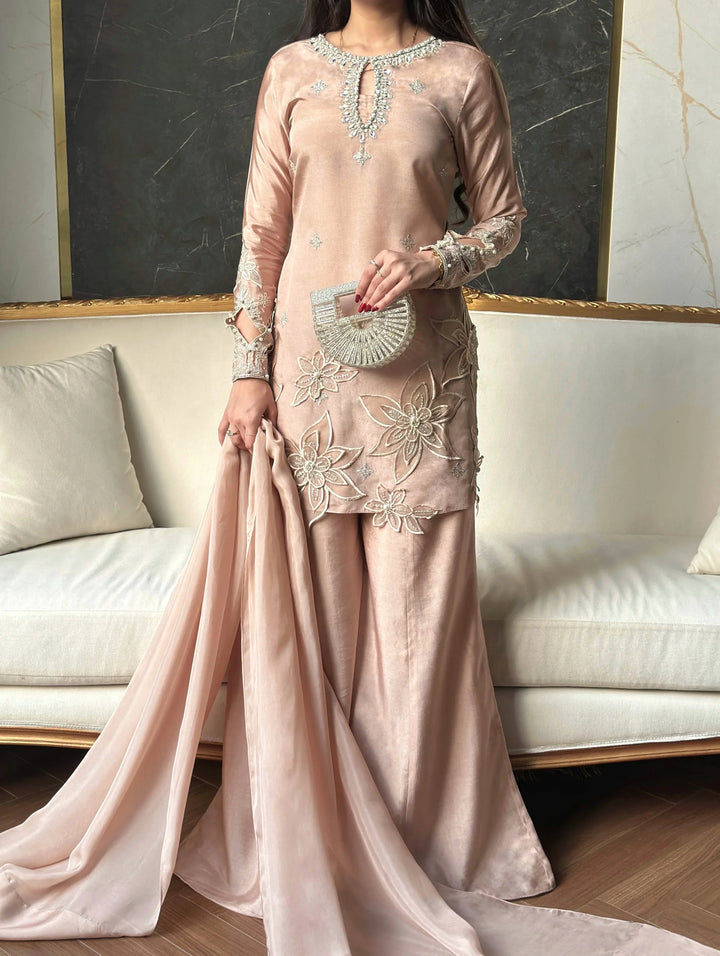 Scherezade Women RTW Embroidered Sheesha Silk 3 Piece Suit VANILLA - Festive Collection