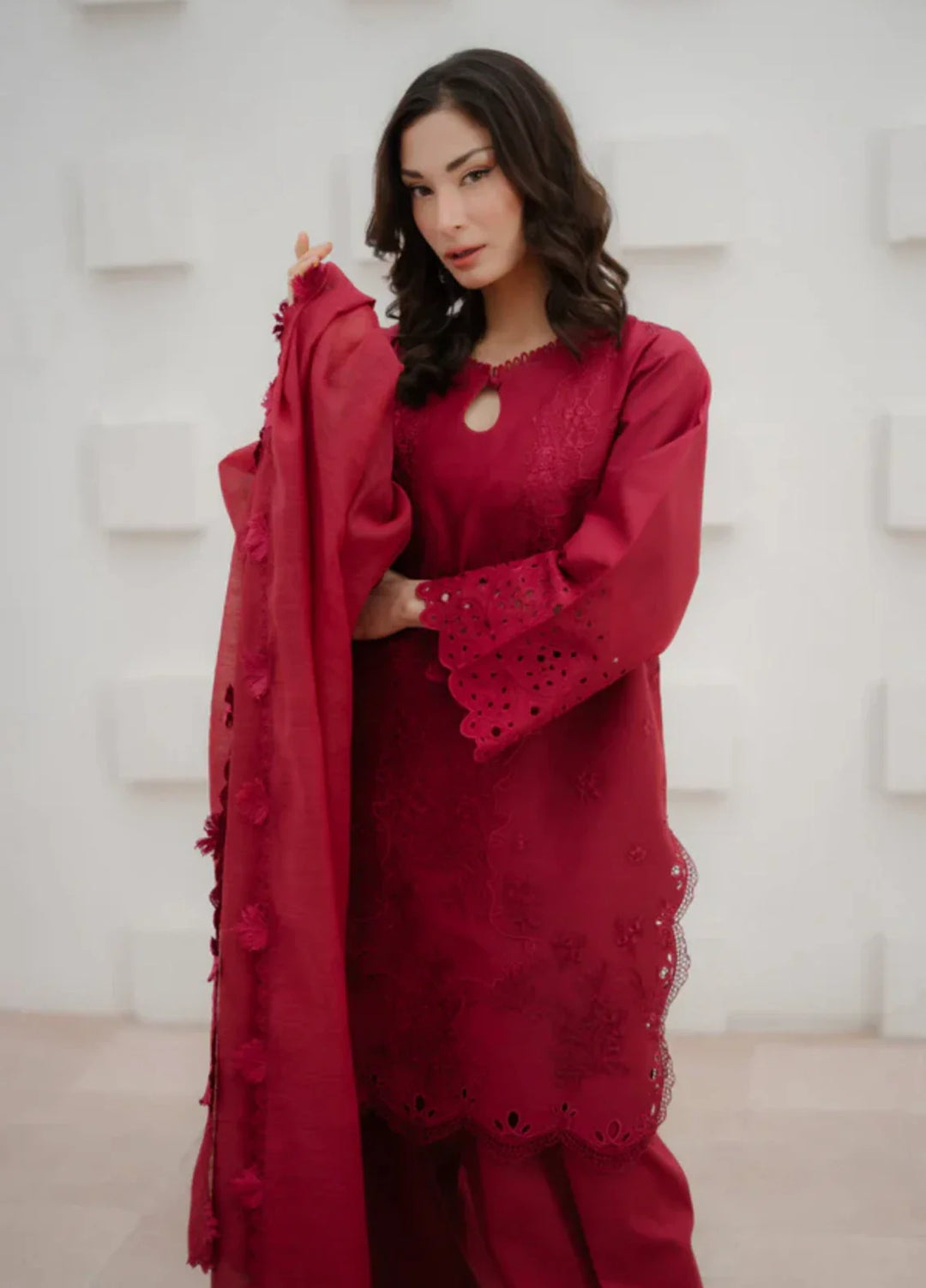Manara by Maria RTW Embroidered Chiffon 3 Piece Suit CRIMSON Festive Collection