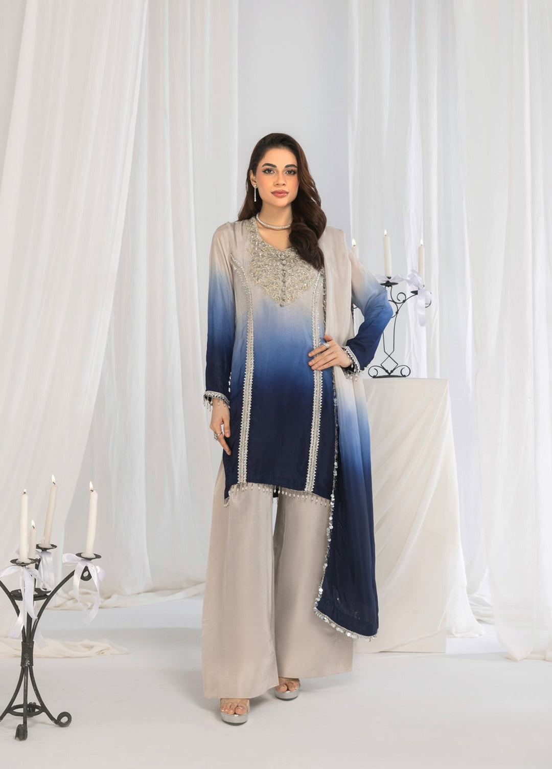 Afsana e Noor by Ibraysha RTW Embroidered Silk 3 Piece Suit Surmai Sham - Festive Collection