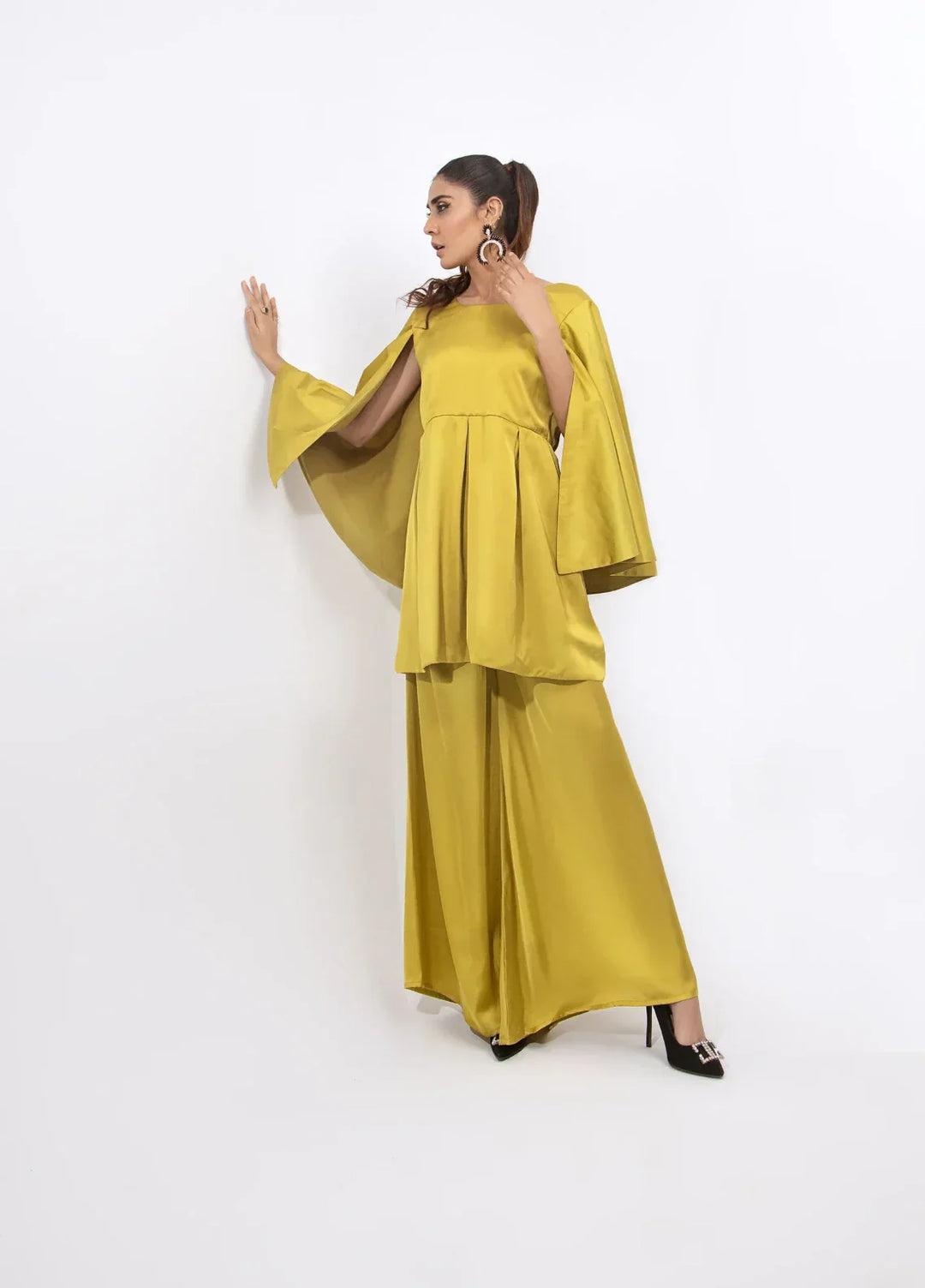 Mehr by Syah Women RTW Solids Silk 1 Piece Suit Bell Sleeves Top with Palazzo Festive Collection