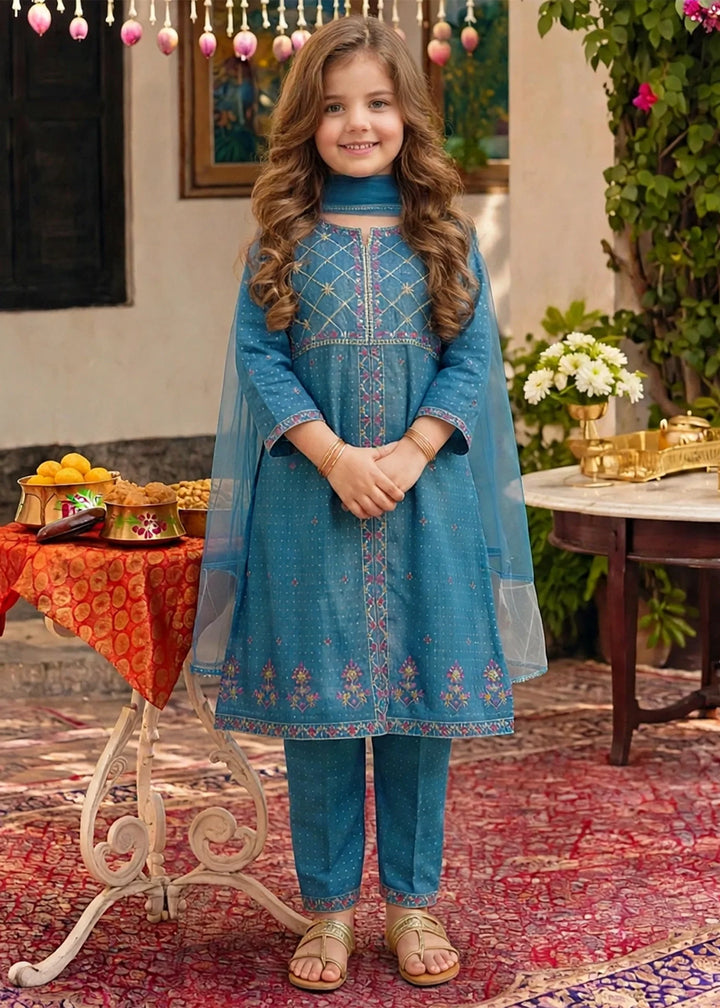 Modest Girls RTW Embroidered Cotton 3 Piece Suit Blue Festive Collection