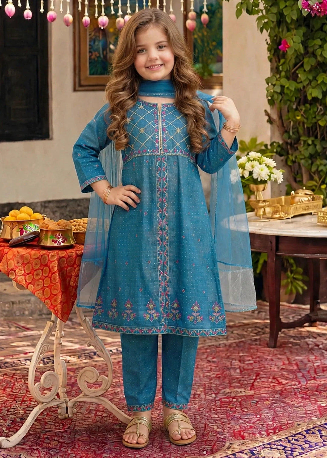 Modest Girls RTW Embroidered Cotton 3 Piece Suit Blue Festive Collection
