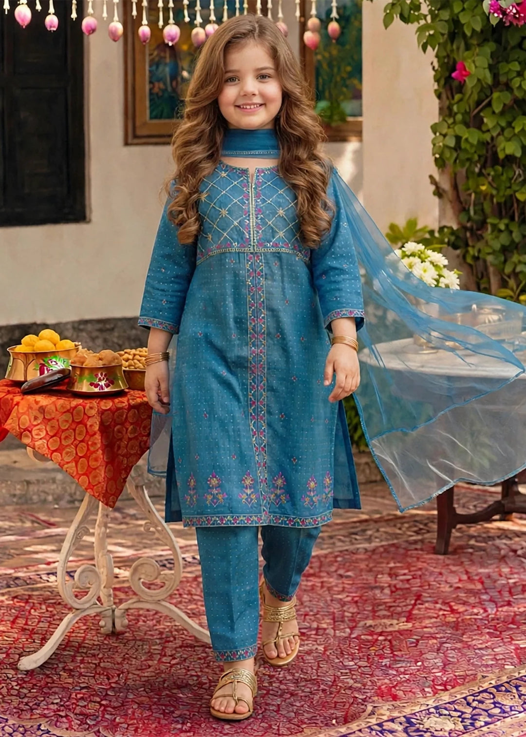 Modest Girls RTW Embroidered Cotton 3 Piece Suit Blue Festive Collection