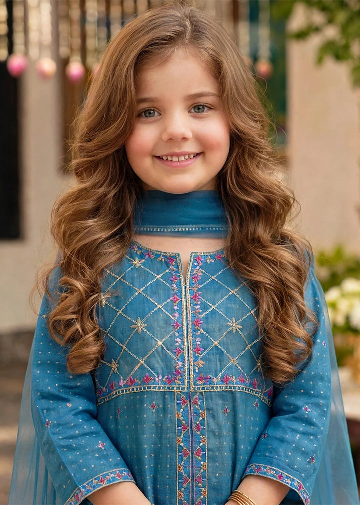 Modest Girls RTW Embroidered Cotton 3 Piece Suit Blue Festive Collection