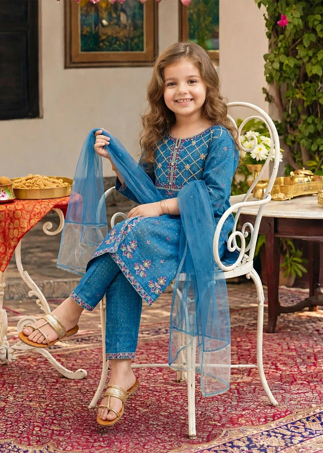 Modest Girls RTW Embroidered Cotton 3 Piece Suit Blue Festive Collection