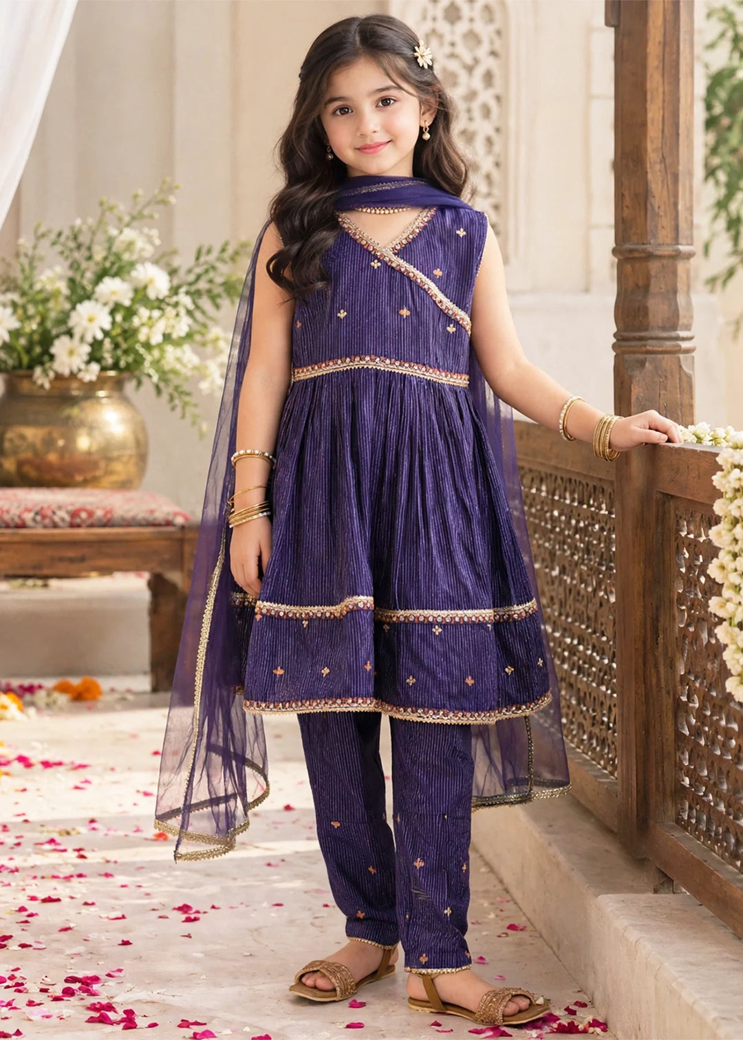 Modest Girls RTW Embroidered Cotton 3 Piece Suit Navy Blue Festive Collection
