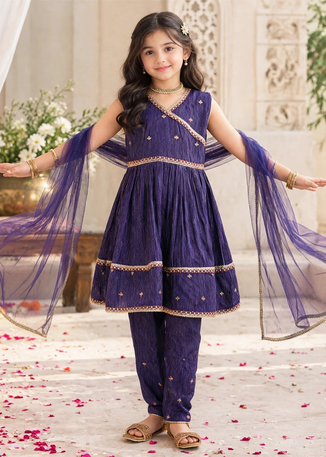 Modest Girls RTW Embroidered Cotton 3 Piece Suit Navy Blue Festive Collection