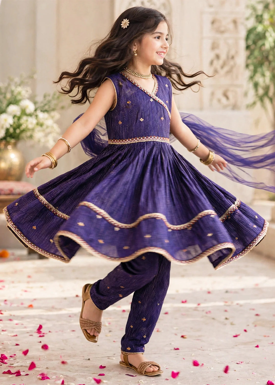 Modest Girls RTW Embroidered Cotton 3 Piece Suit Navy Blue Festive Collection