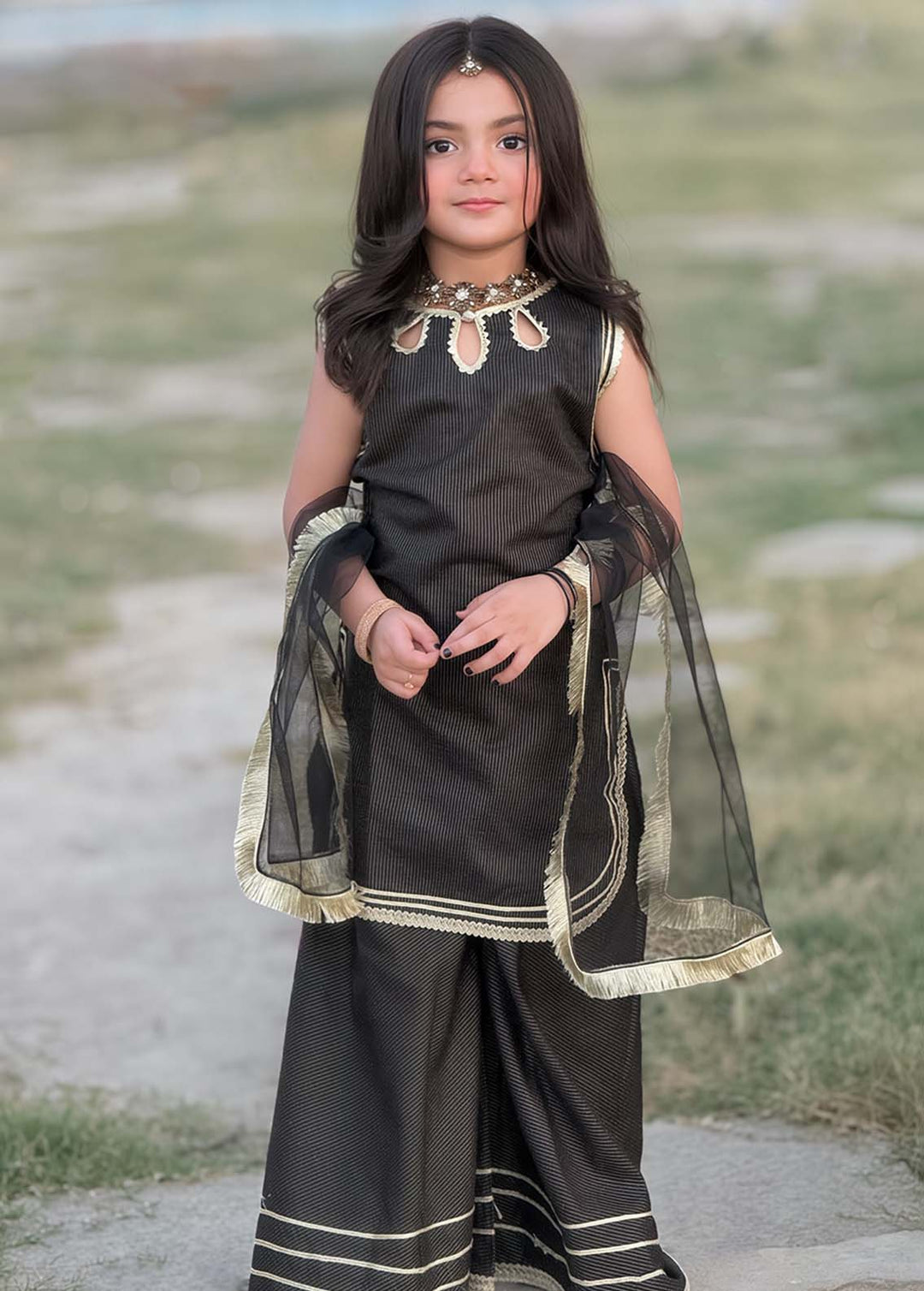 Modest Girls RTW Embroidered Cotton 3 Piece Suit Black Festive Collection
