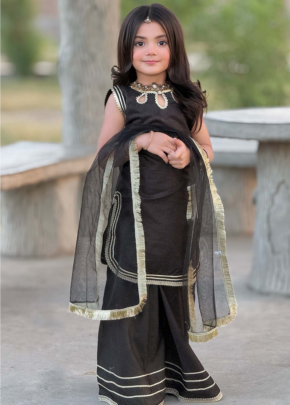 Modest Girls RTW Embroidered Cotton 3 Piece Suit Black Festive Collection