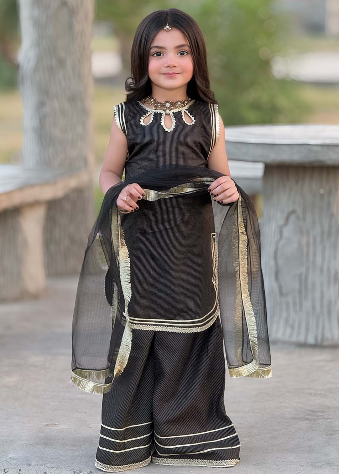 Modest Girls RTW Embroidered Cotton 3 Piece Suit Black Festive Collection