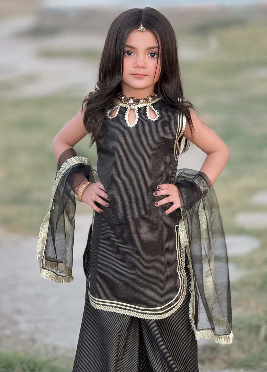Modest Girls RTW Embroidered Cotton 3 Piece Suit Black Festive Collection
