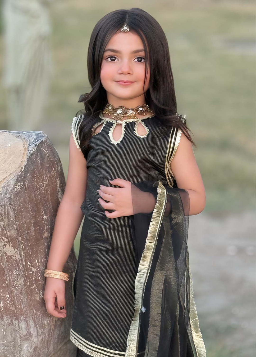 Modest Girls RTW Embroidered Cotton 3 Piece Suit Black Festive Collection