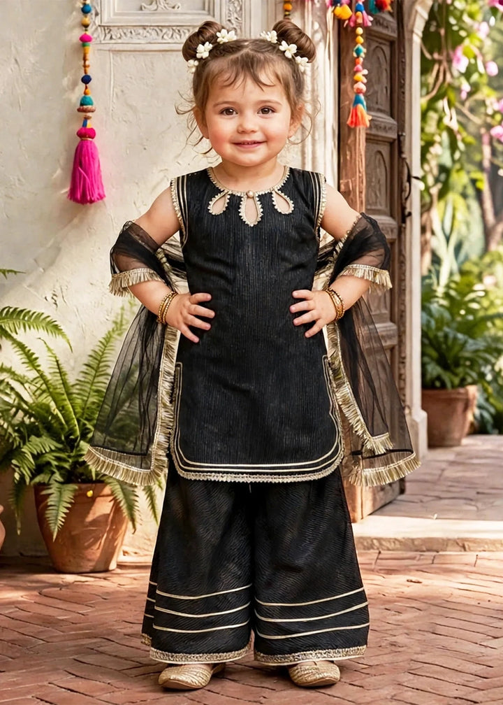 Modest Girls RTW Embroidered Cotton 3 Piece Suit Black Festive Collection