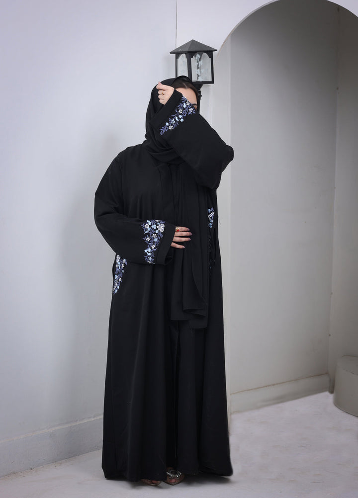 Esmira by Clarity Glam Women RTW Embroidered Nada 2 Piece Auzre Abaya with Scarf Casual Collection