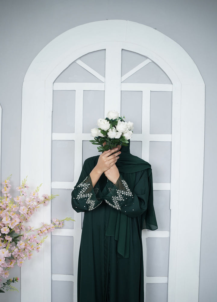 Esmira by Clarity Glam Women RTW Hand work Nada 2 Piece Green Abaya with Scarf Casual Collection