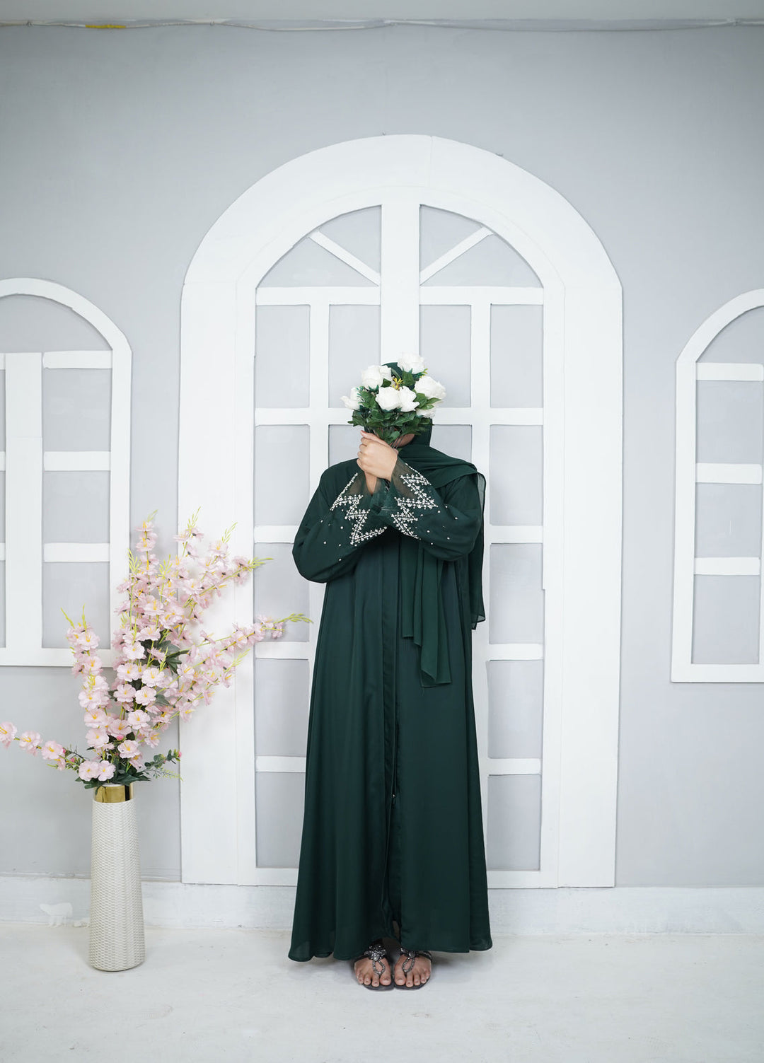 Esmira by Clarity Glam Women RTW Hand work Nada 2 Piece Green Abaya with Scarf Casual Collection