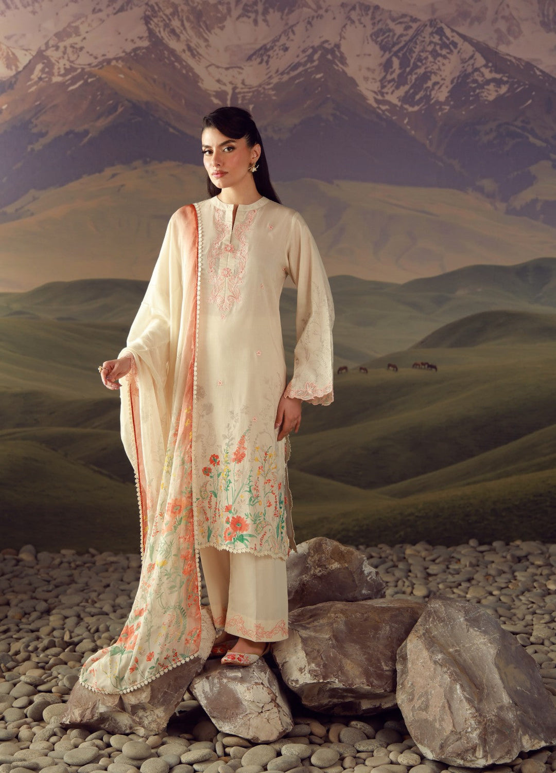 Sahar Unstitched Embroidered Lawn 3 Piece Suit Peach Reverie - Eid Collection