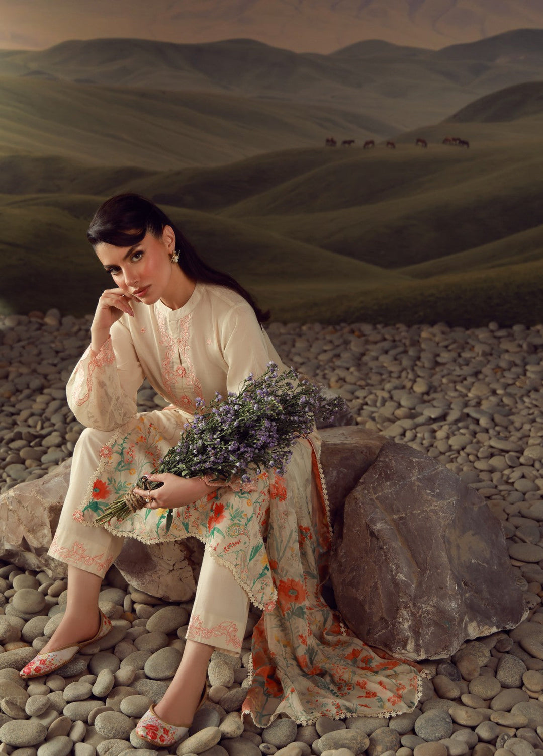 Sahar Unstitched Embroidered Lawn 3 Piece Suit Peach Reverie - Eid Collection