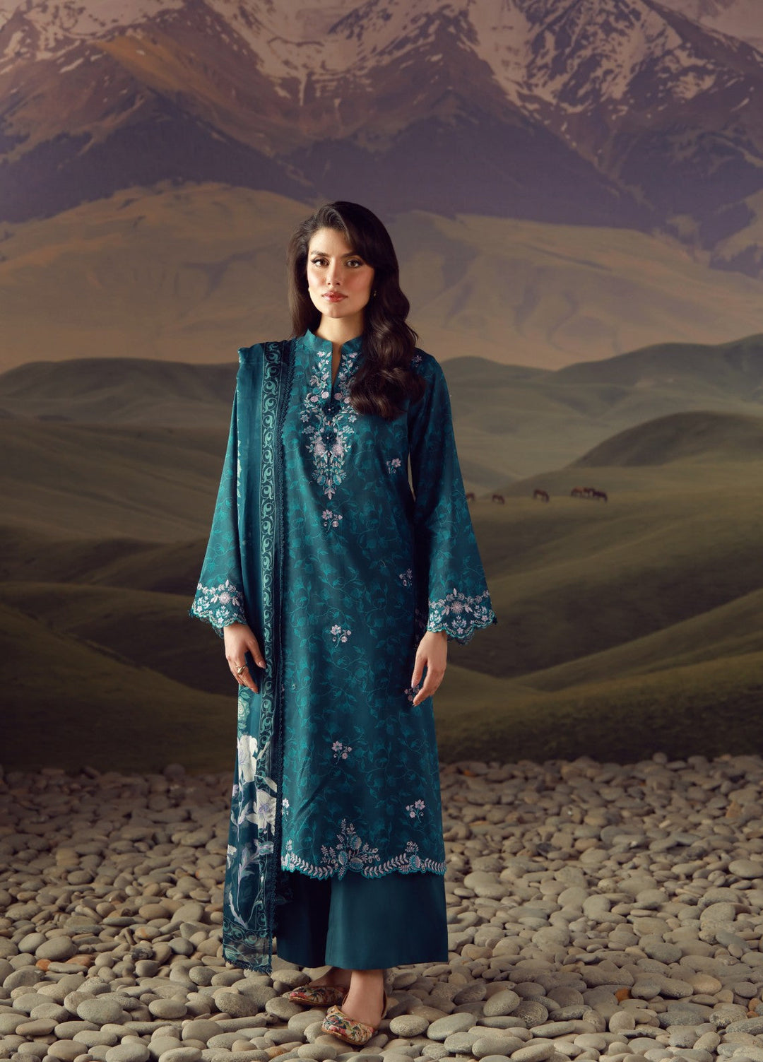 Sahar Unstitched Embroidered Lawn 3 Piece Suit Teal Eclat - Eid Collection