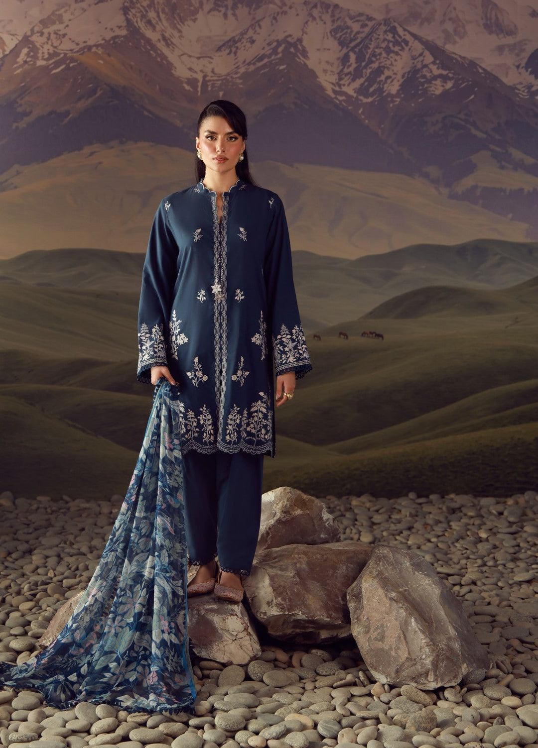 Sahar Unstitched Embroidered Lawn 3 Piece Suit Indigo Verse - Eid Collection