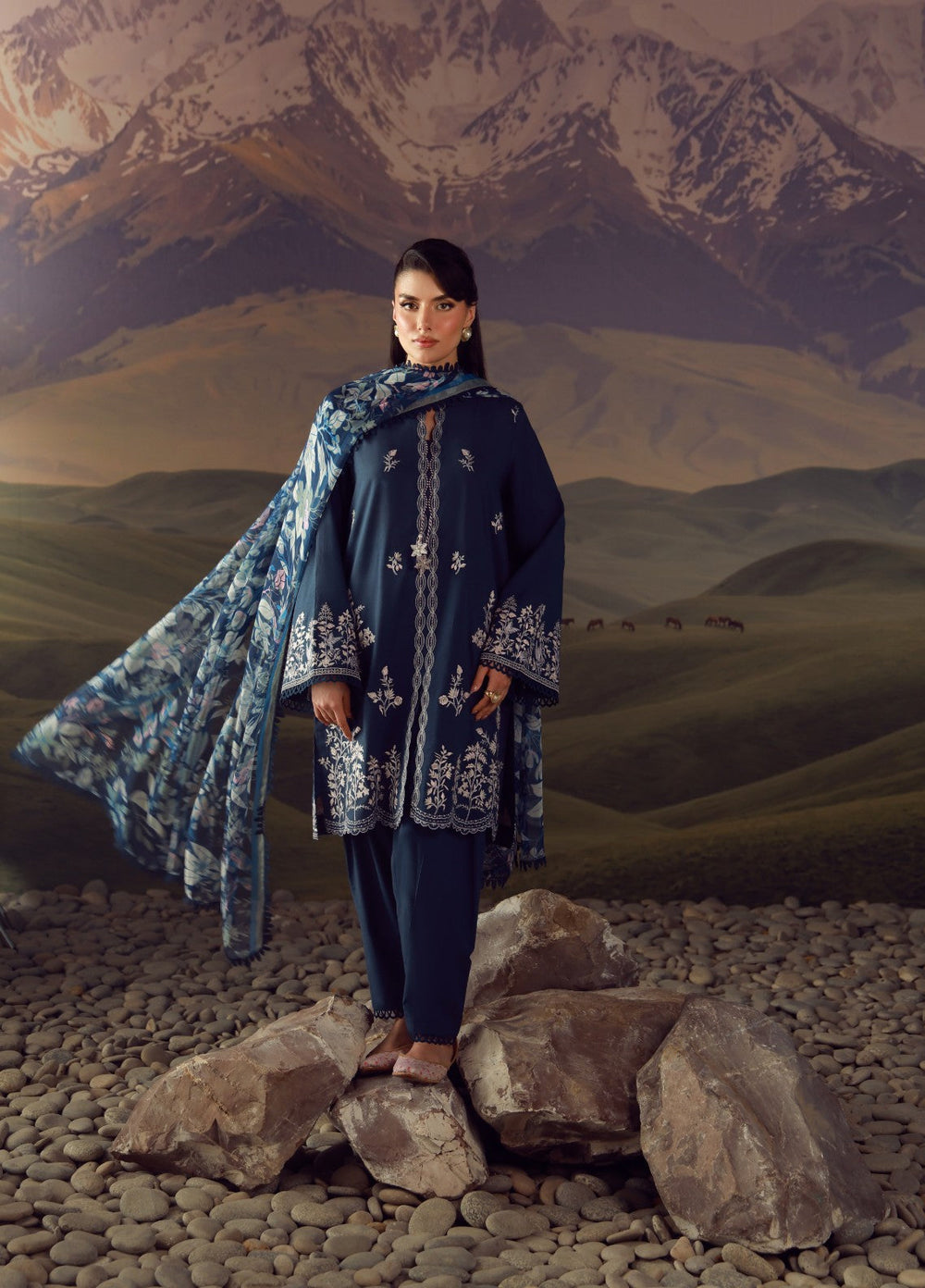 Sahar Unstitched Embroidered Lawn 3 Piece Suit Indigo Verse - Eid Collection