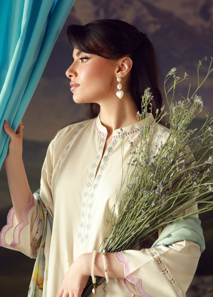 Sahar Unstitched Printed Lawn 3 Piece Suit Ivory Bloom - Eid Collection