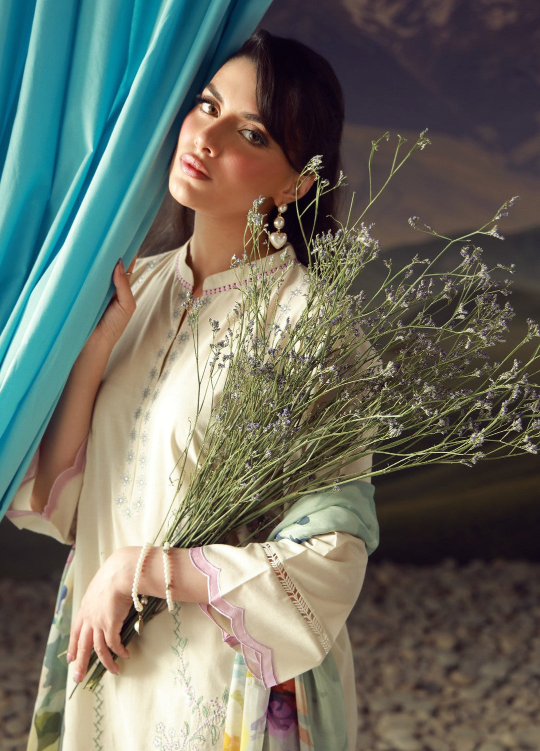 Sahar Unstitched Printed Lawn 3 Piece Suit Ivory Bloom - Eid Collection