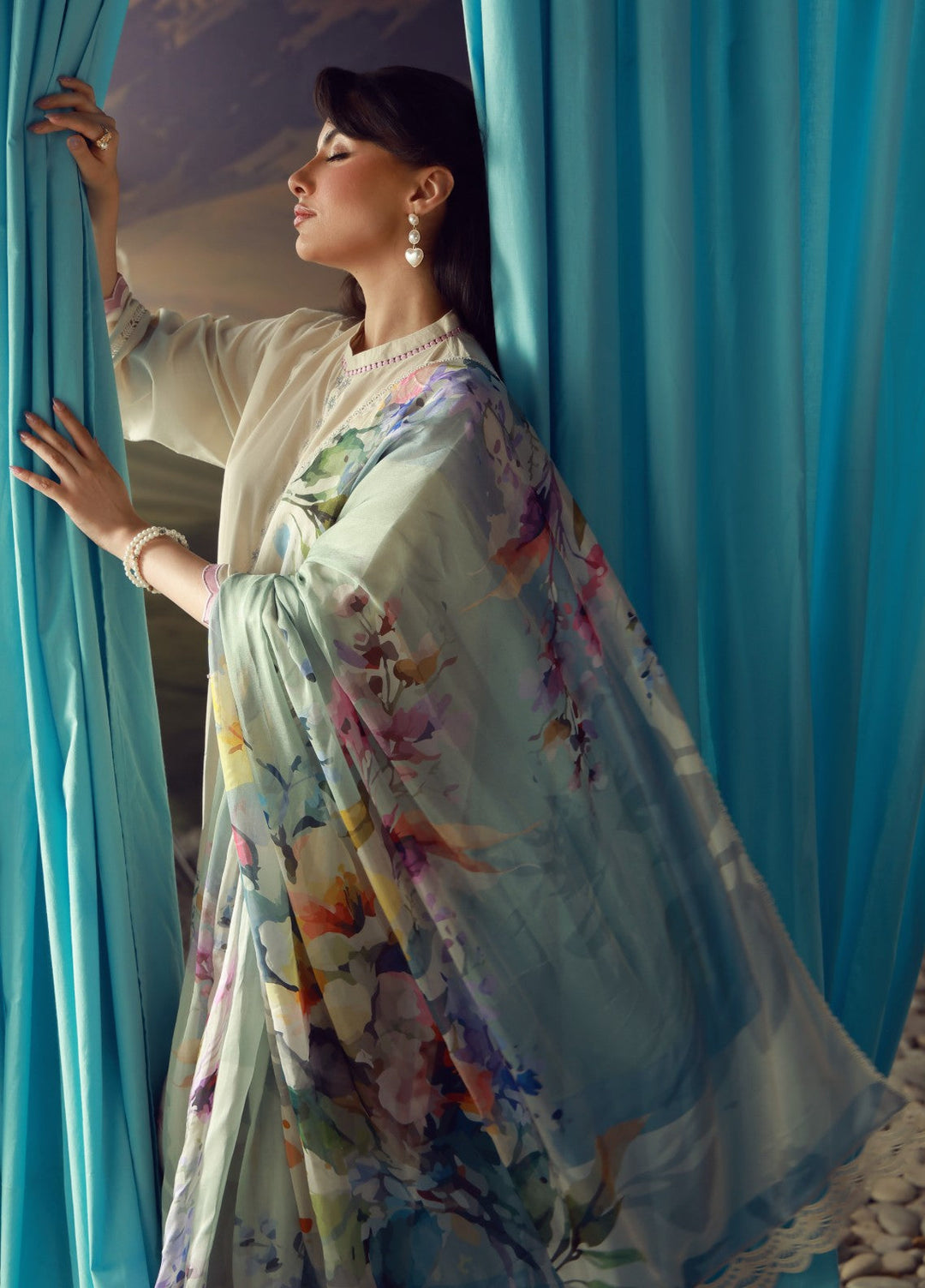 Sahar Unstitched Printed Lawn 3 Piece Suit Ivory Bloom - Eid Collection