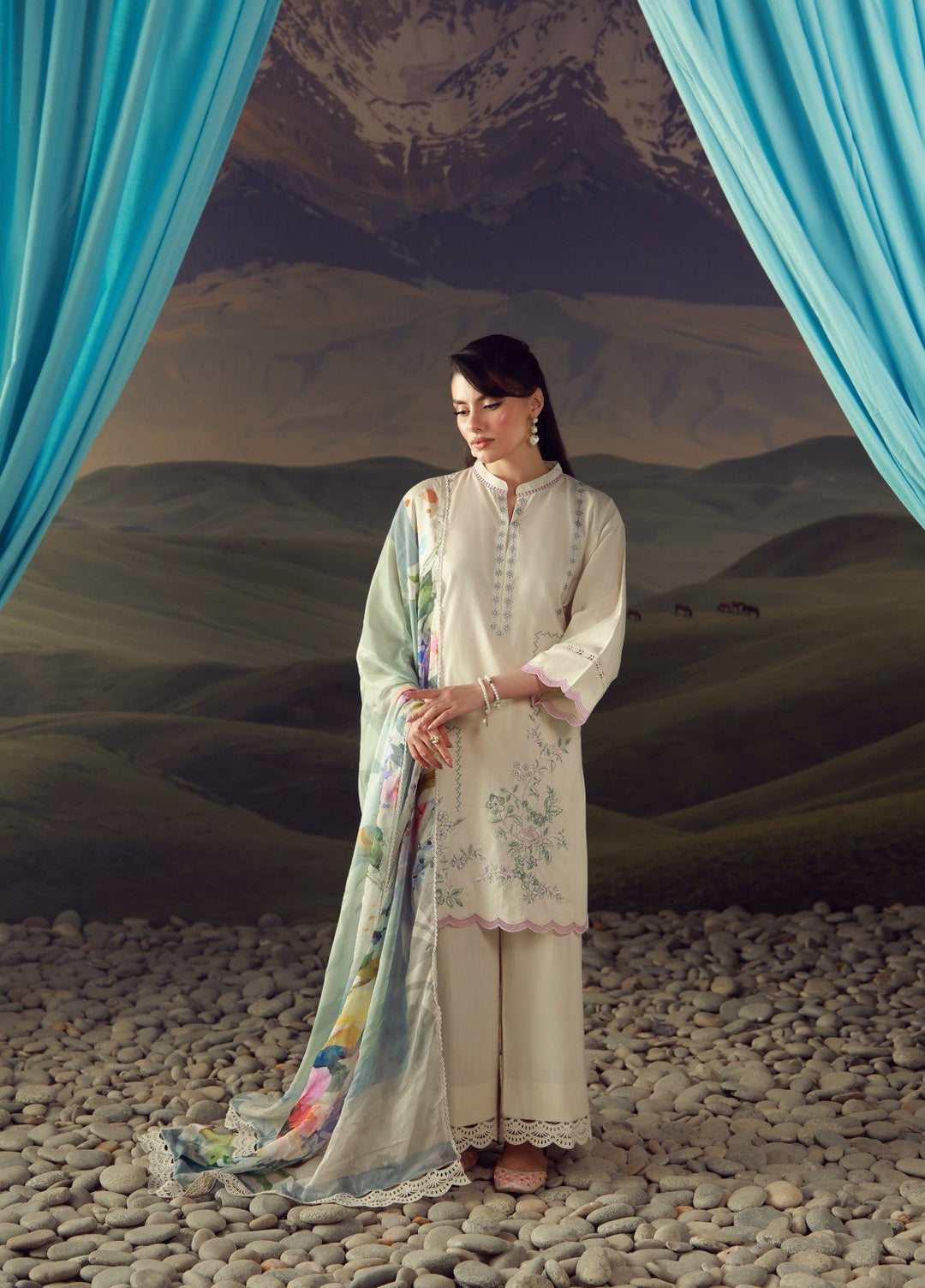 Sahar Unstitched Printed Lawn 3 Piece Suit Ivory Bloom - Eid Collection
