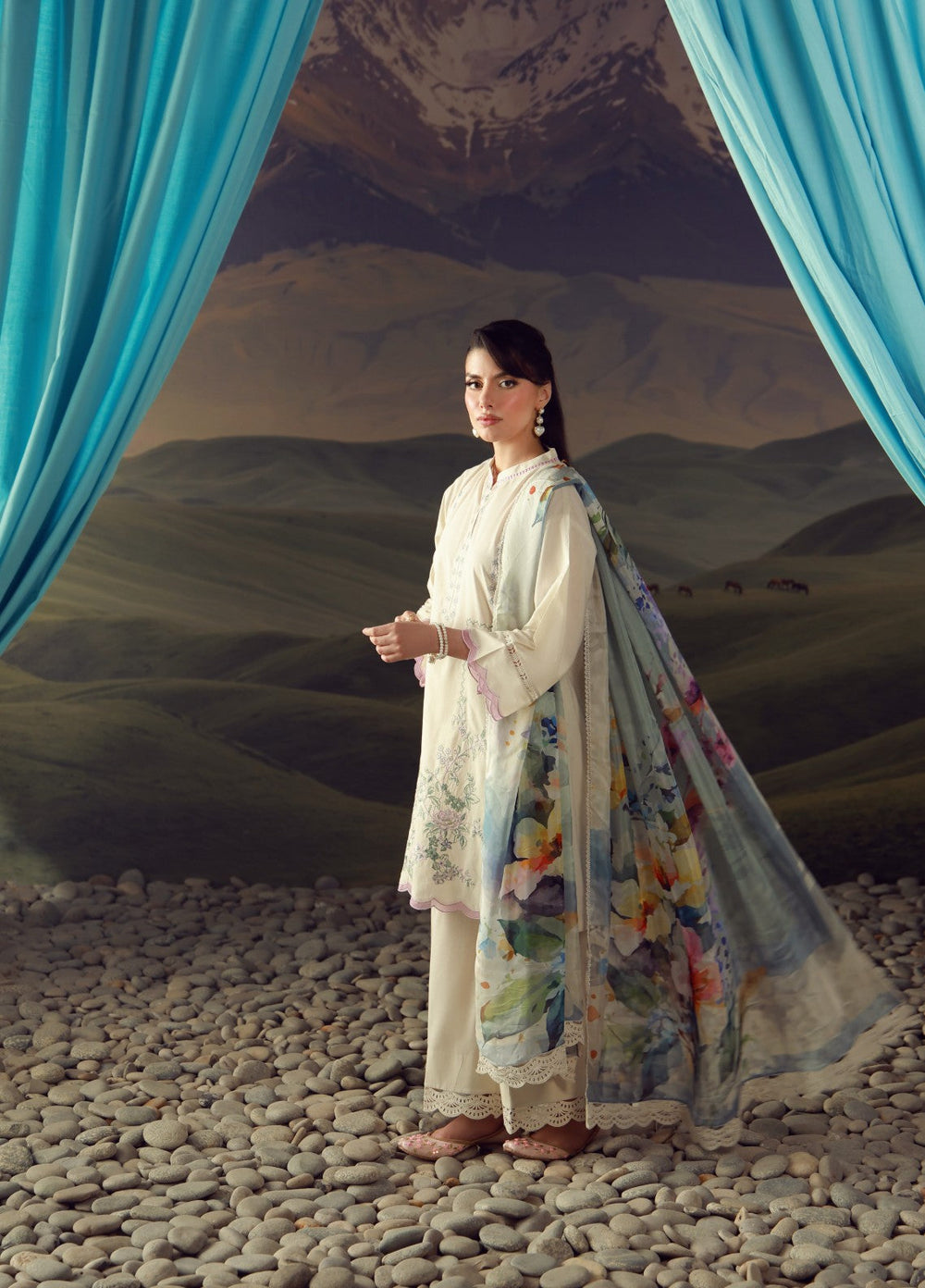 Sahar Unstitched Printed Lawn 3 Piece Suit Ivory Bloom - Eid Collection