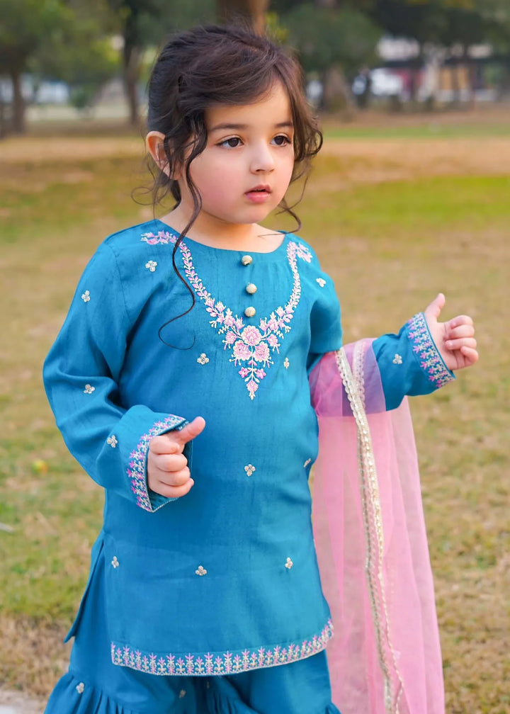 Modest Girls RTW Embroidered Silk 3 Piece Suit Rawsilk Gharara Wedding Collection