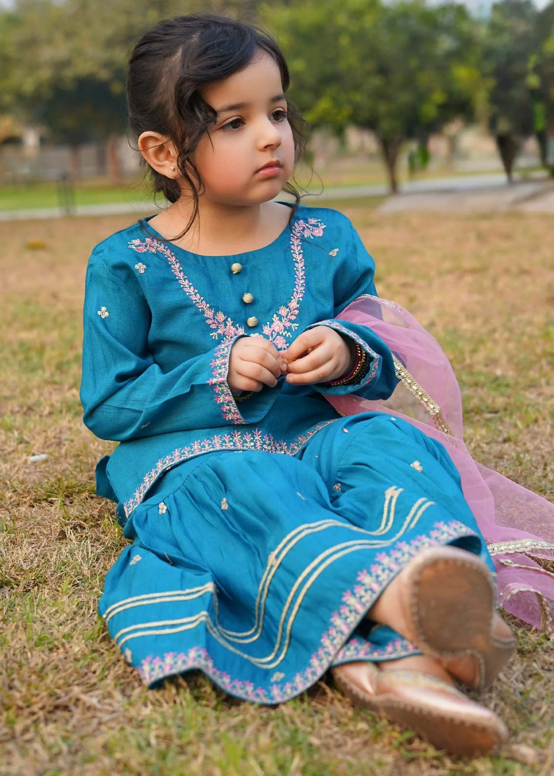 Modest Girls RTW Embroidered Silk 3 Piece Suit Rawsilk Gharara Wedding Collection