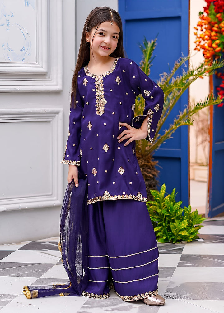 Modest Girls RTW Embroidered Silk 3 Piece Suit Blue Gharara Wedding Collection