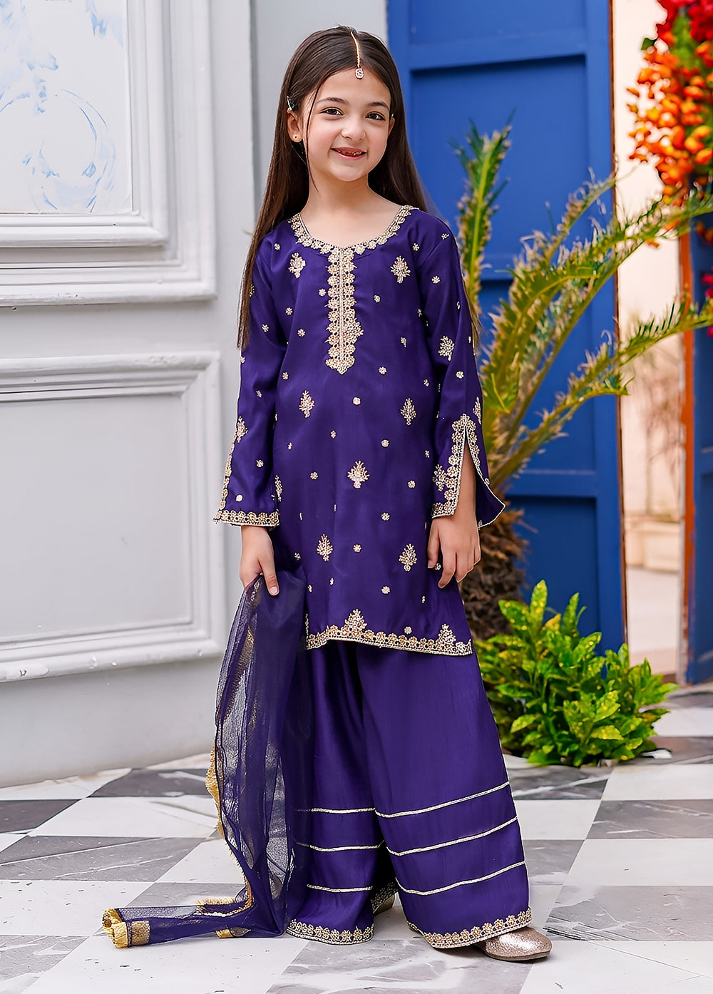 Modest Girls RTW Embroidered Silk 3 Piece Suit Blue Gharara Wedding Collection